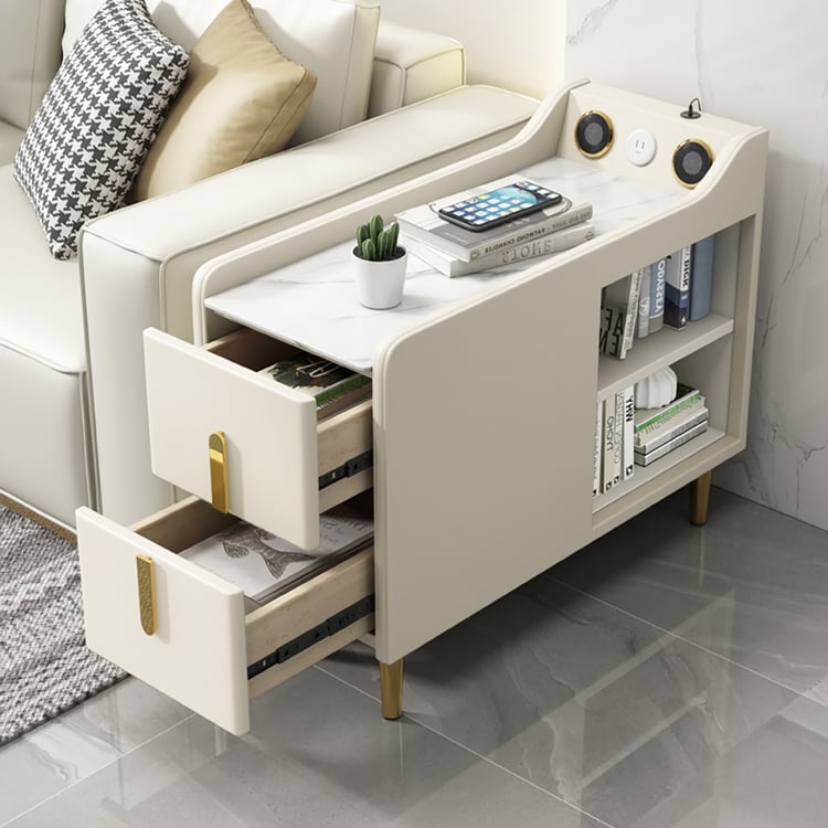 Narrow End Table Stone-Like Top with Integrated Speaker and USB