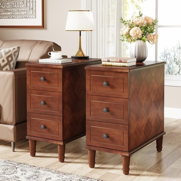 Narrow End Table Warm Brown Wood Three Drawers Round Knobs Transitional