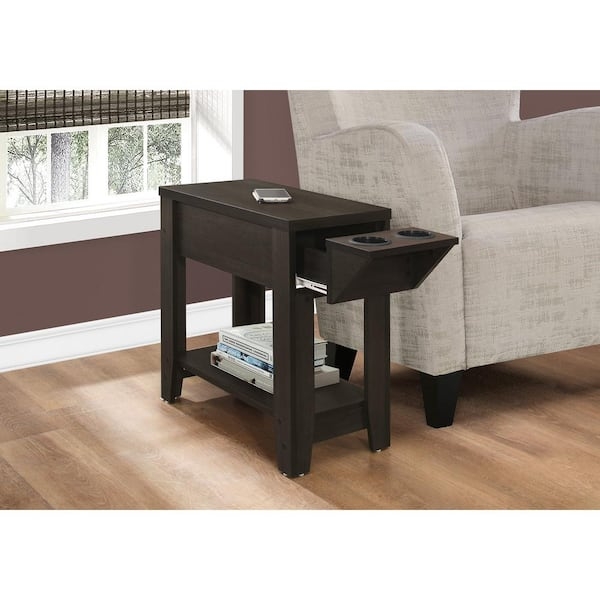 Narrow End Table with Cup Holders and Lower Shelf in Espresso Finish