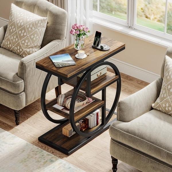 Narrow End Table with Four-Tier Open Shelving and Metal Frame