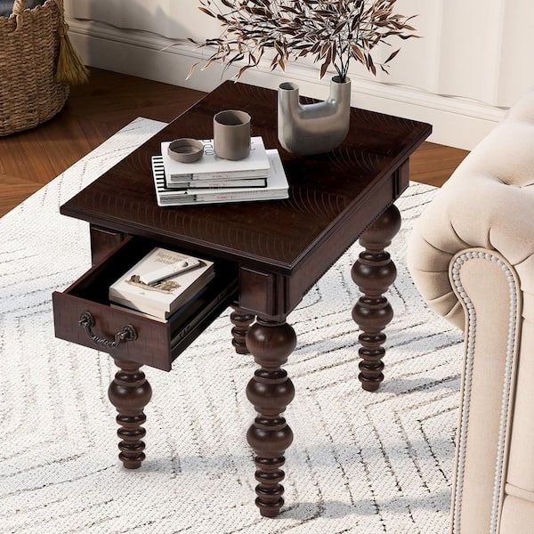 Narrow End Table with Integrated Drawer, Espresso Finish, Rectangular Top