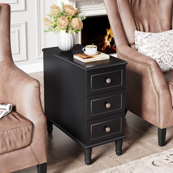 Narrow End Table with Three Drawers and Matte Black Finish for Small Spaces