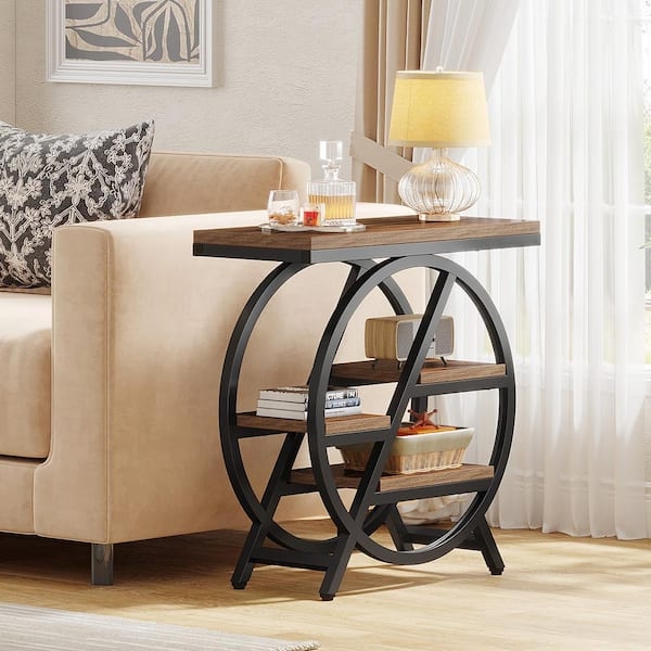 Narrow End Table with Three-Tier Mesh Shelf, Rustic Brown