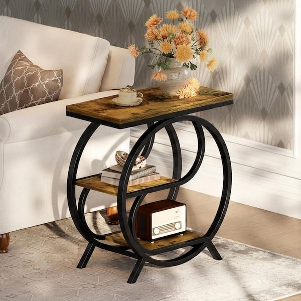 Narrow Industrial End Table with X-Brace Sides and Three-Tier Shelves