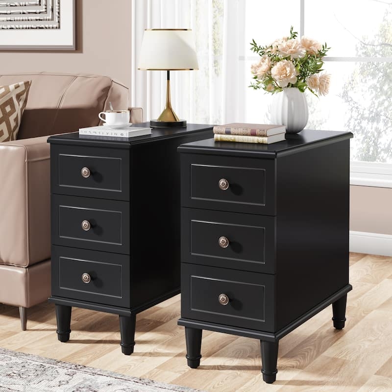 Narrow Light Brown Wood End Table Set with 3 Drawers