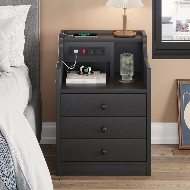 Narrow Matte Black Nightstand with Open Hutch and Charging Station