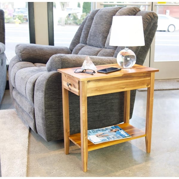 Narrow Natural Wood End Table with Lower Shelf Functional Accent