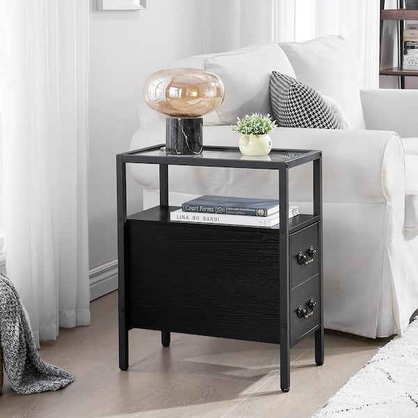Narrow Nightstand Black Two Drawers Glass Top Shelf