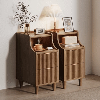 Narrow Nightstand Fluted Fronts Walnut Gold Legs