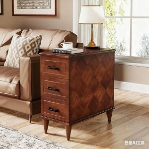 Narrow Nightstand Medium Brown Wood Bronze Metal Knobs Rustic Style