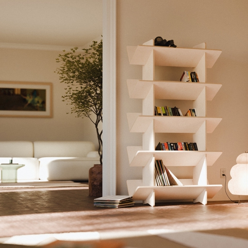 Narrow Scandinavian Bookcase in Unfinished Wood with Tapered Legs