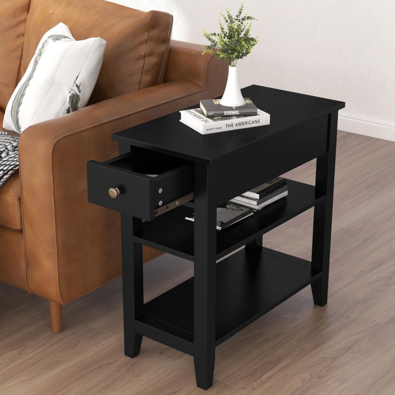 Narrow Side Table Black X-Design Three-Tier Storage