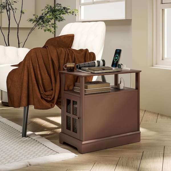 Narrow Side Table Flip Top Charging with Fabric Side Pocket