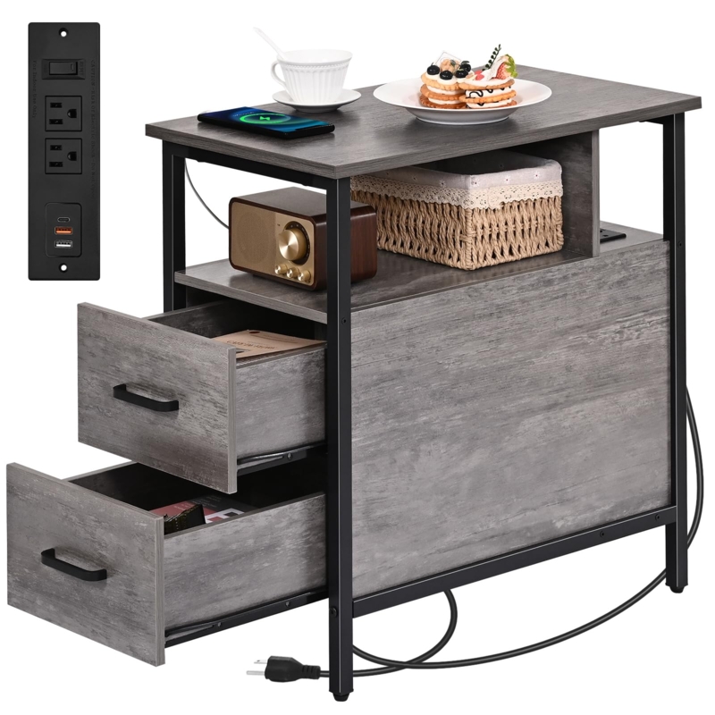 Narrow Side Table with Built-In Outlets, Two Drawers, Charging Station