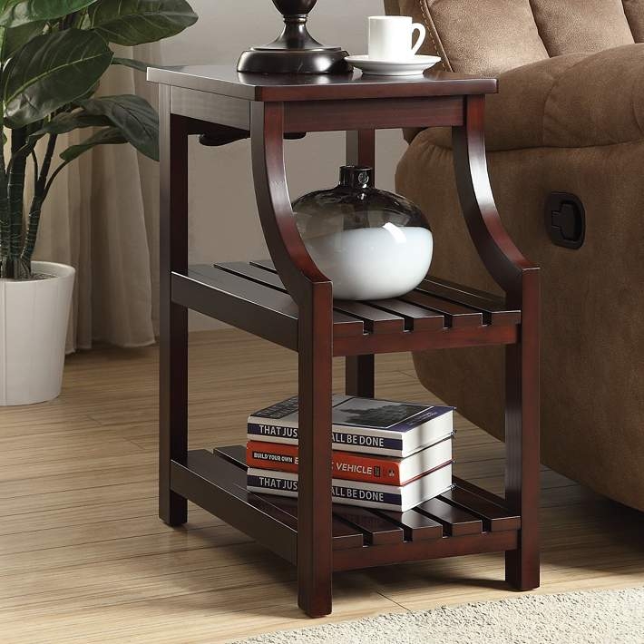 Narrow Side Table with Integrated USB Ports and Three Tier Shelving