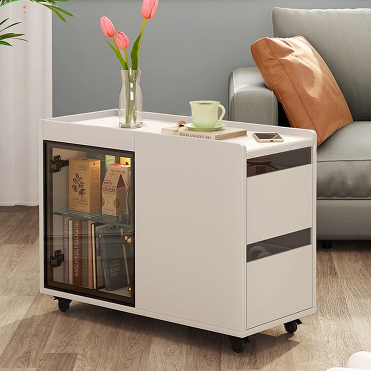 Narrow Side Table with Wheels, Fluted Drawers, and Glass Door