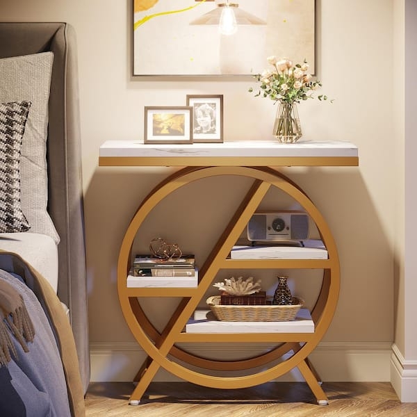 Narrow Three-Tier Rectangular End Table, Gold Frame and Wood-Toned Shelves