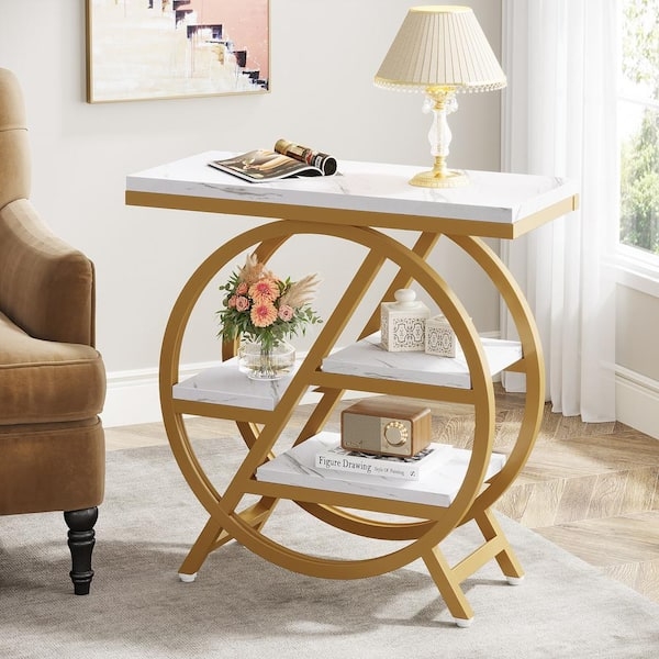 Narrow Three-Tier Side Table with Gold Metal Frame and Wood-Toned Shelves