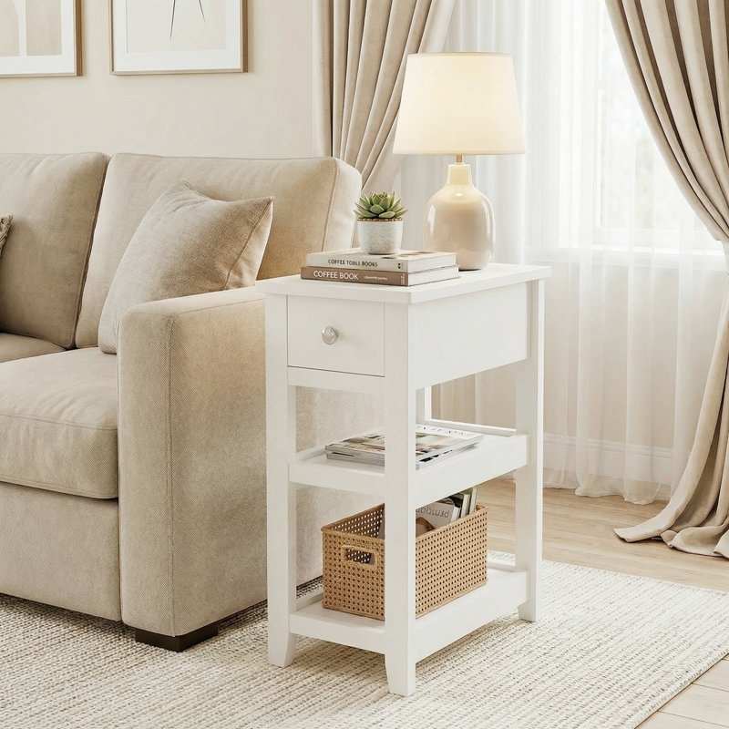 Narrow White End Table with Top Drawer and Silver Knob