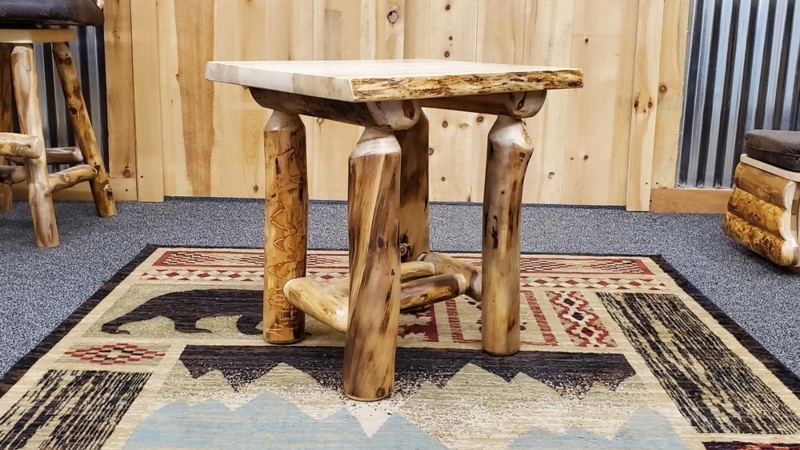 Natural Bark Aspen Log End Table With Slatted Shelf Mountain Style