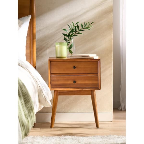 Natural Brown Nightstand Acacia Wood Black Sled Base