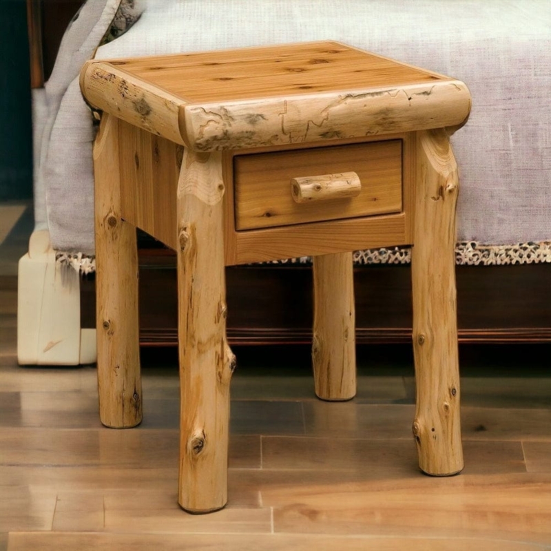 Natural Cedar End Table with Log Legs and Storage Shelf