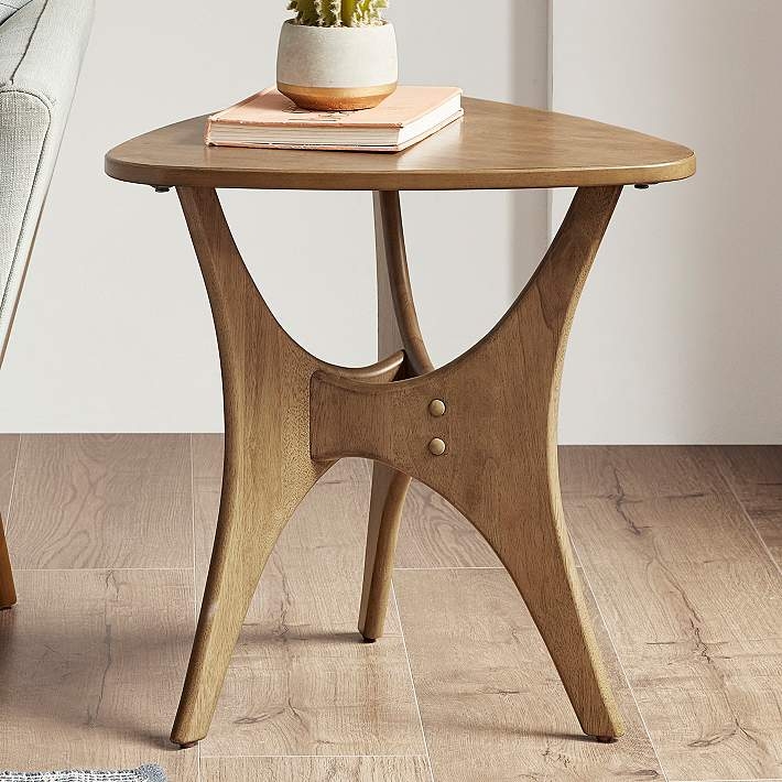 Natural Elm Triangular Side Table with Exposed Black Hardware