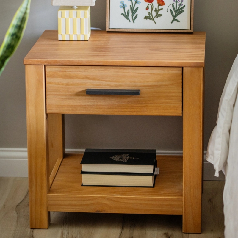 Natural Grain Wood Nightstand, Open Cubby, Black Handle