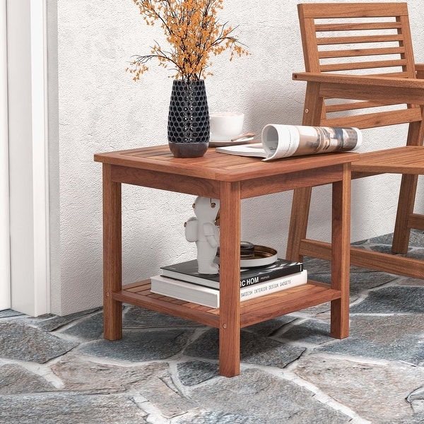 Natural Honey Brown Outdoor Side Table Square Two-Tier Slatted Porch