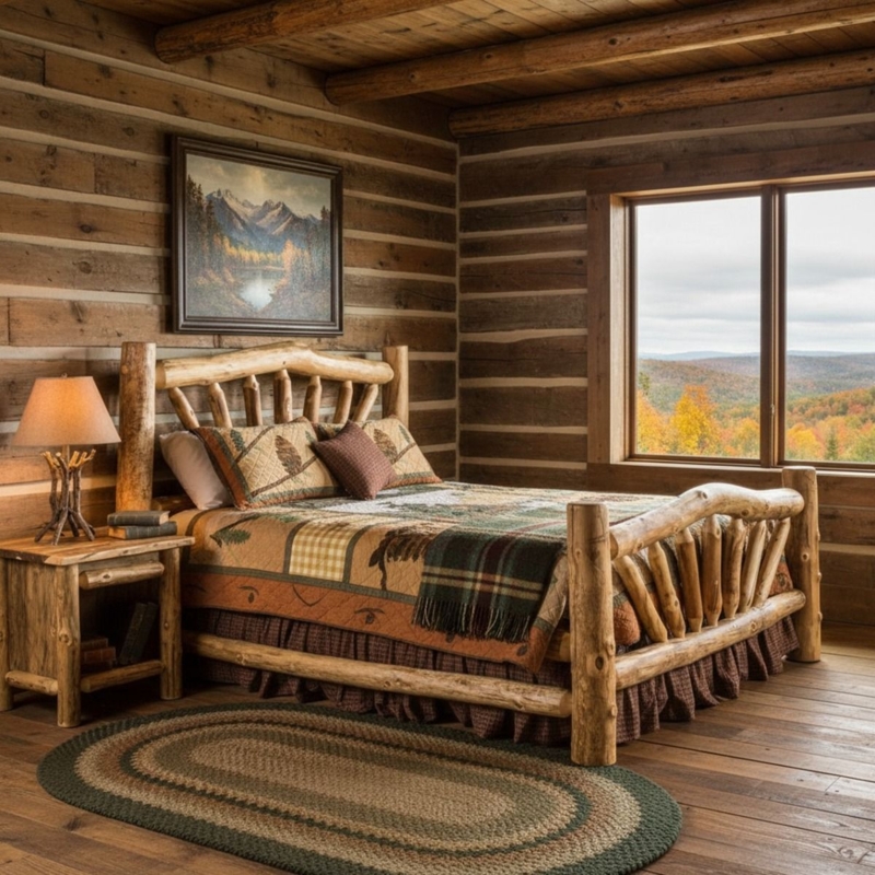 Natural Log Bed with Exposed Knots, Spindle Headboard & Blonde Finish