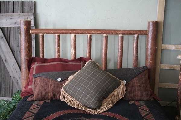 Natural Pine Log Headboard Unpeeled Finish Exposed Knots Vertical Slats
