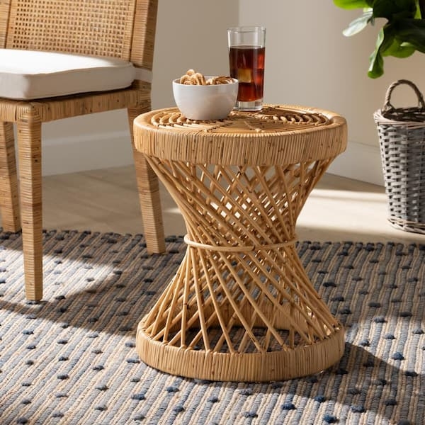 Natural Rattan End Table Hourglass Woven Side Table Organic Texture