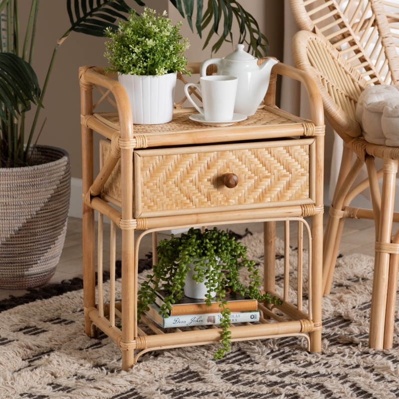 Natural Rattan Nightstand: 1-Drawer, Open Shelf for Boho Bedroom