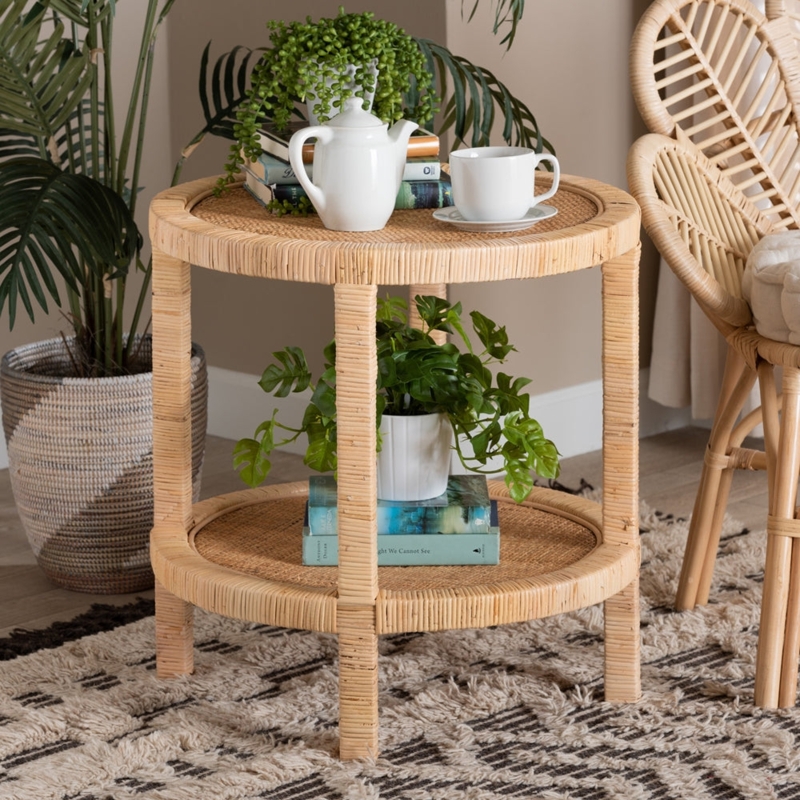 Natural Tan Rattan Side Table Drum Silhouette Woven Construction