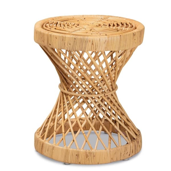 Natural Wicker End Table Drum Shape Basketweave Organic Texture