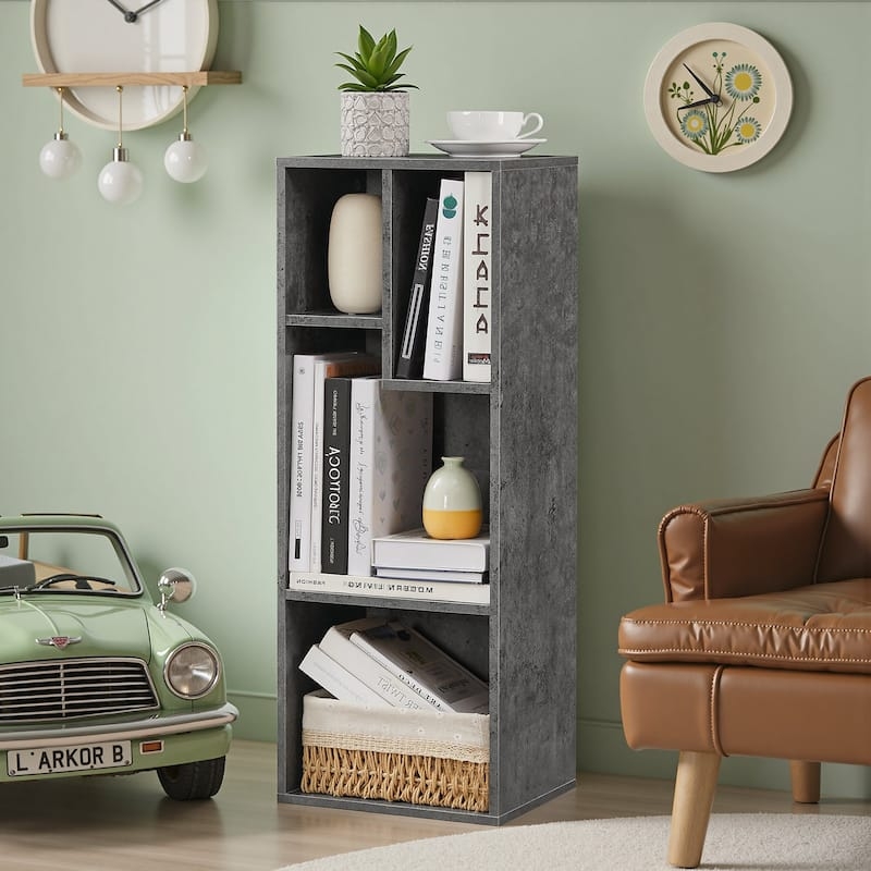 Natural Wood Bookshelf Staggered Silhouette Asymmetric Layout Open Back
