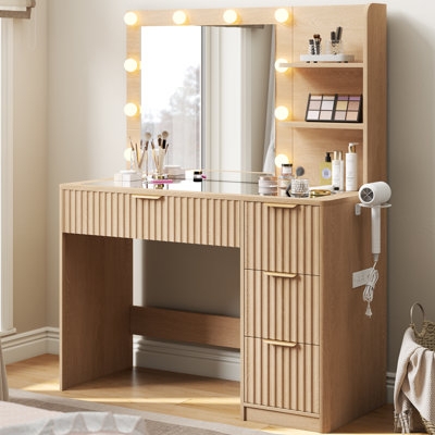 Natural Wood Finish Makeup Desk with Glass Top Charging Station