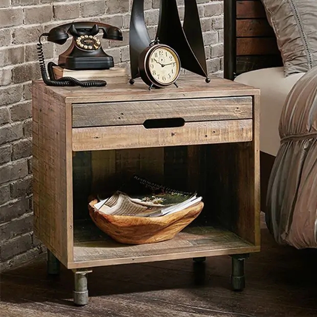 Natural Wood Nightstand with Cabinet and Rustic Metal Knobs