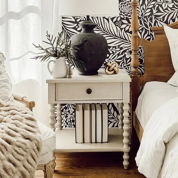 Natural Wood Nightstand with Drawer, Tapered Legs, Lower Shelf
