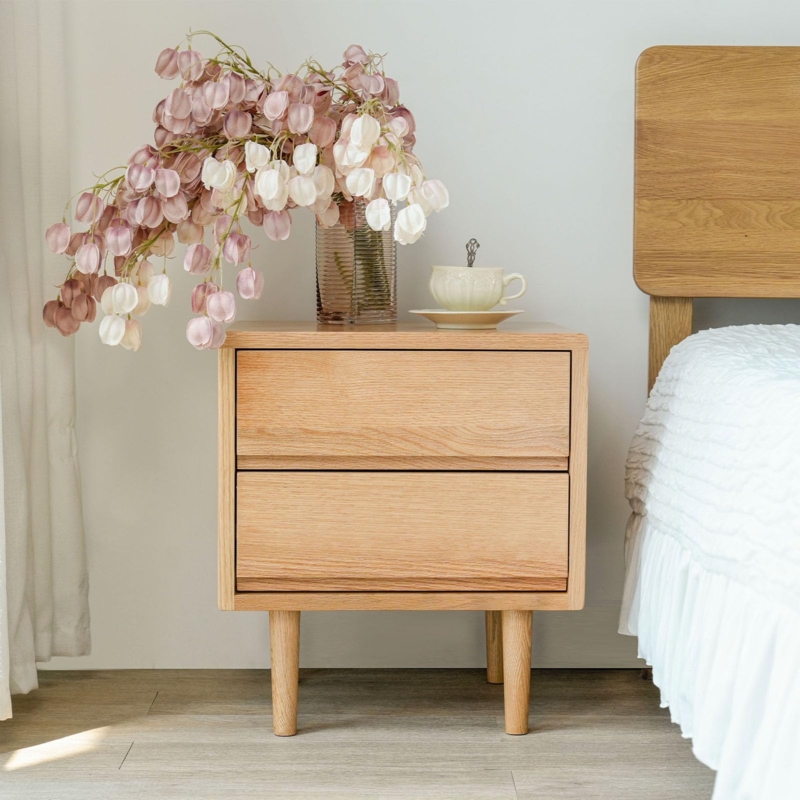 Natural Wood Nightstand with Recessed Pulls for Minimalist Bedroom