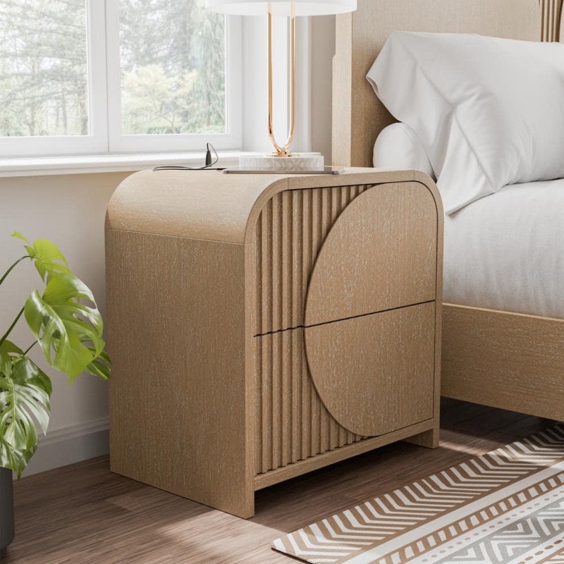 Natural Wood Nightstand with Ribbed Drawers & Tapered Legs