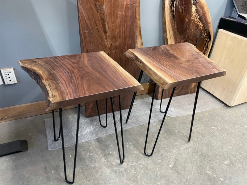 Natural Wood Slab End Table for Patio with Hairpin Legs