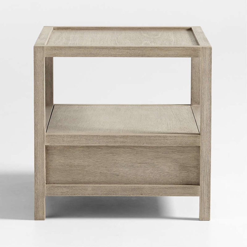 Natural Wood Storage End Table with Weathered Finish and Thick Frame.