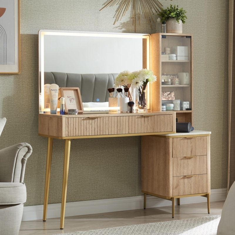 Natural Wood Vanity Desk, Fluted Front, Lighted Circular Mirror, Scandi Style.