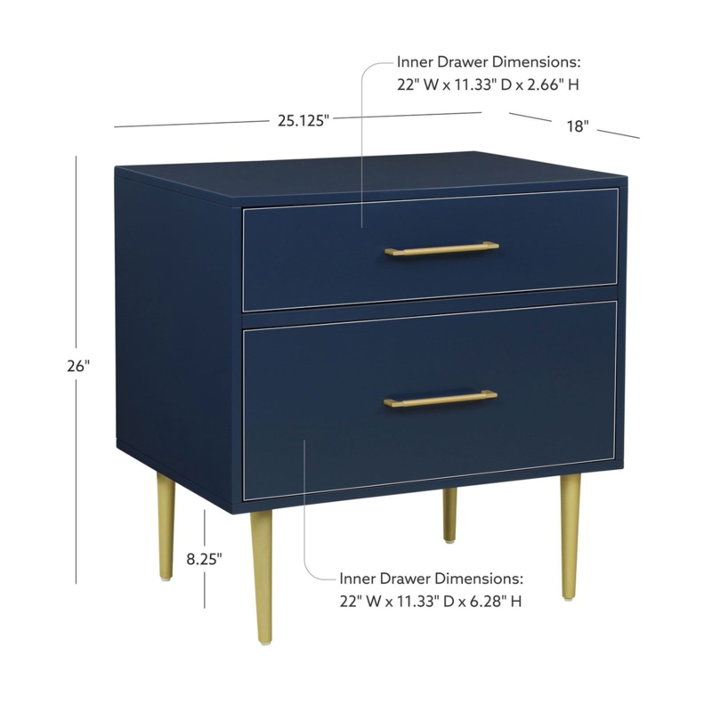 Navy Blue Nightstand with Stone-Like Top and Gold Ring-Style Pulls