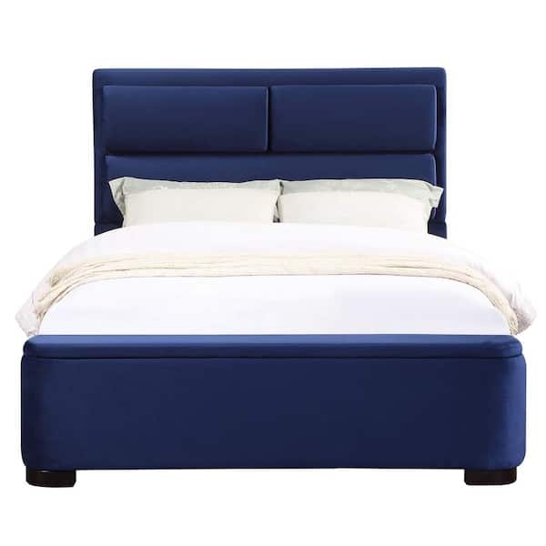 Navy Blue Panel Bed with Functional Footboard Storage Drawers