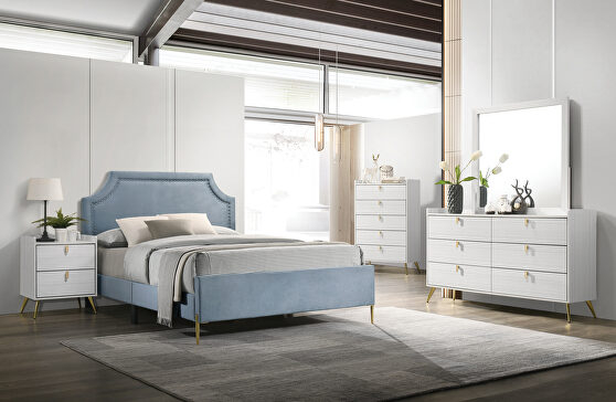 Navy Blue Platform Bed with Geometric Grid Stitched Headboard