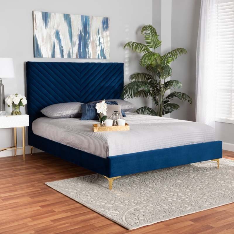 Navy Blue Platform Bed With Velvet Channel Tufting And Gold Legs
