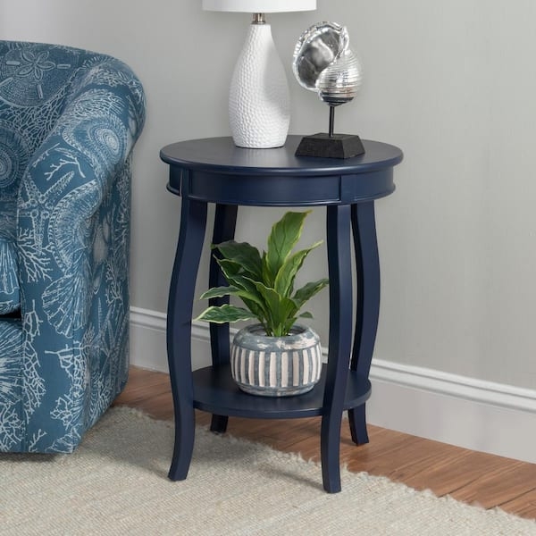 Navy Blue Round End Table with Integrated Shelf