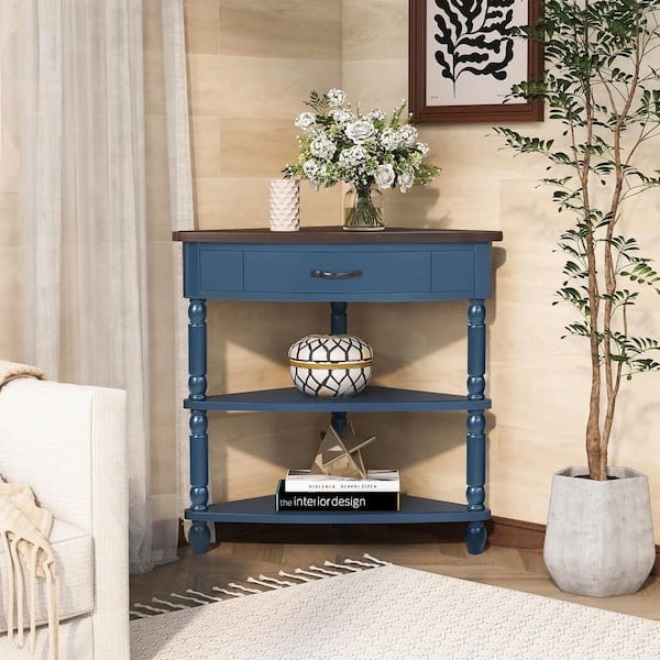 Navy Blue Triangular Corner Table with Three-Tier Storage